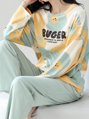 Bear Print Pajama Set Long Sleeve Top & Pants Women's Sleepwear