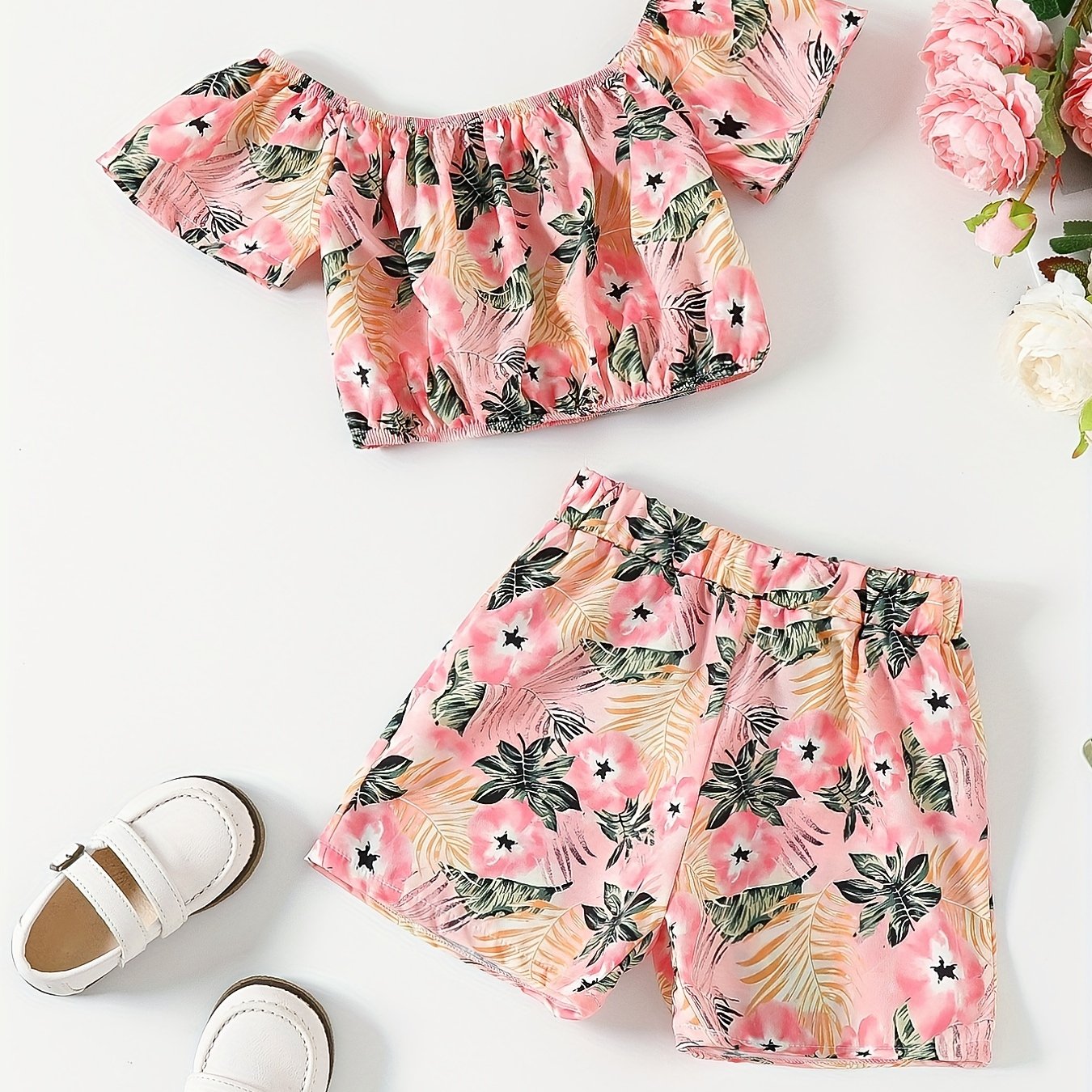 Girls Tropical Leaf Graphic Crop Top & Shorts Set for Summer Party