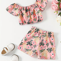 Girls Tropical Leaf Graphic Crop Top & Shorts Set for Summer Party
