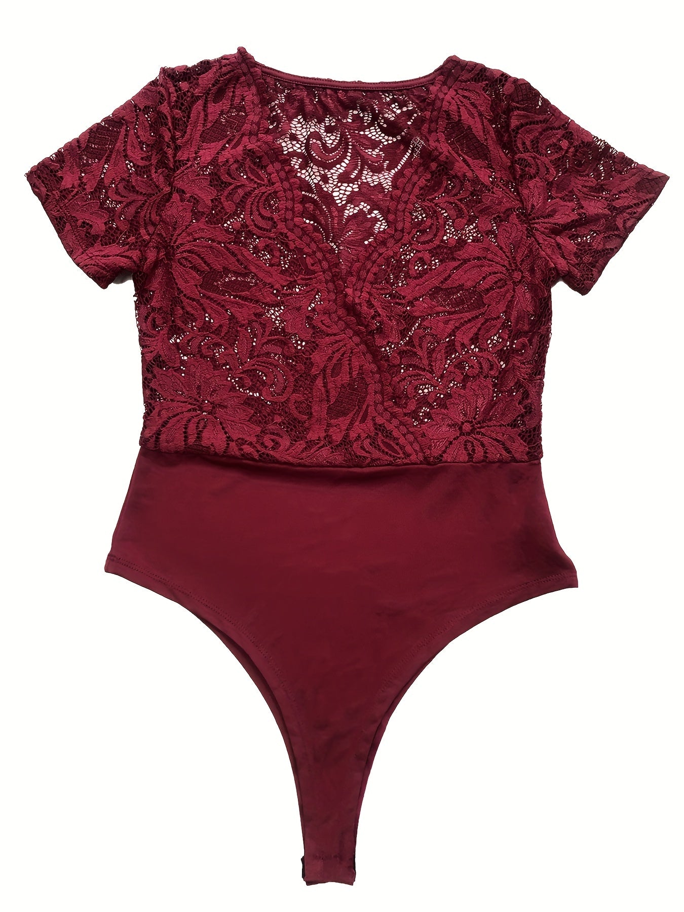 V Neck Lace Bodysuit Short Sleeve Summer Casual Women's Clothing