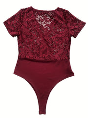 V Neck Lace Bodysuit Short Sleeve Summer Casual Women's Clothing