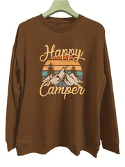 Mountain & Letter Print Pullover Sweatshirt Long Sleeve Crew Neck Sweatsh