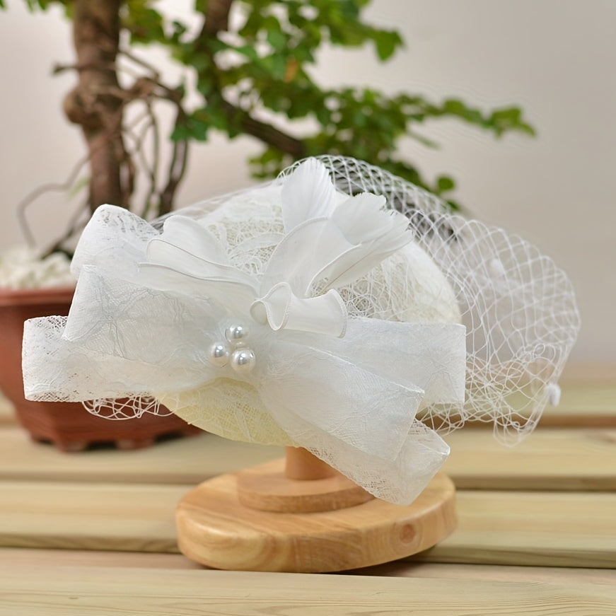 Veil Lace Fascinator Hats Faux Pearl Bowknot Decor Derby Hats