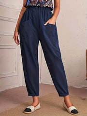 Dual Pockets Carrot Pants Elastic Waist