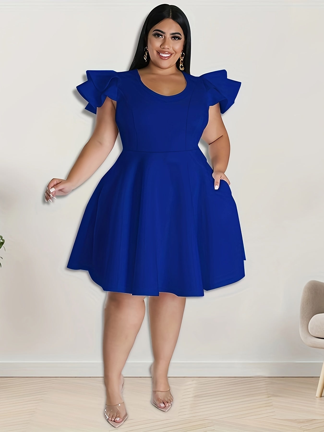 Solid Ruffle Sleeve A-Line Cocktail Party Dress With Pocket