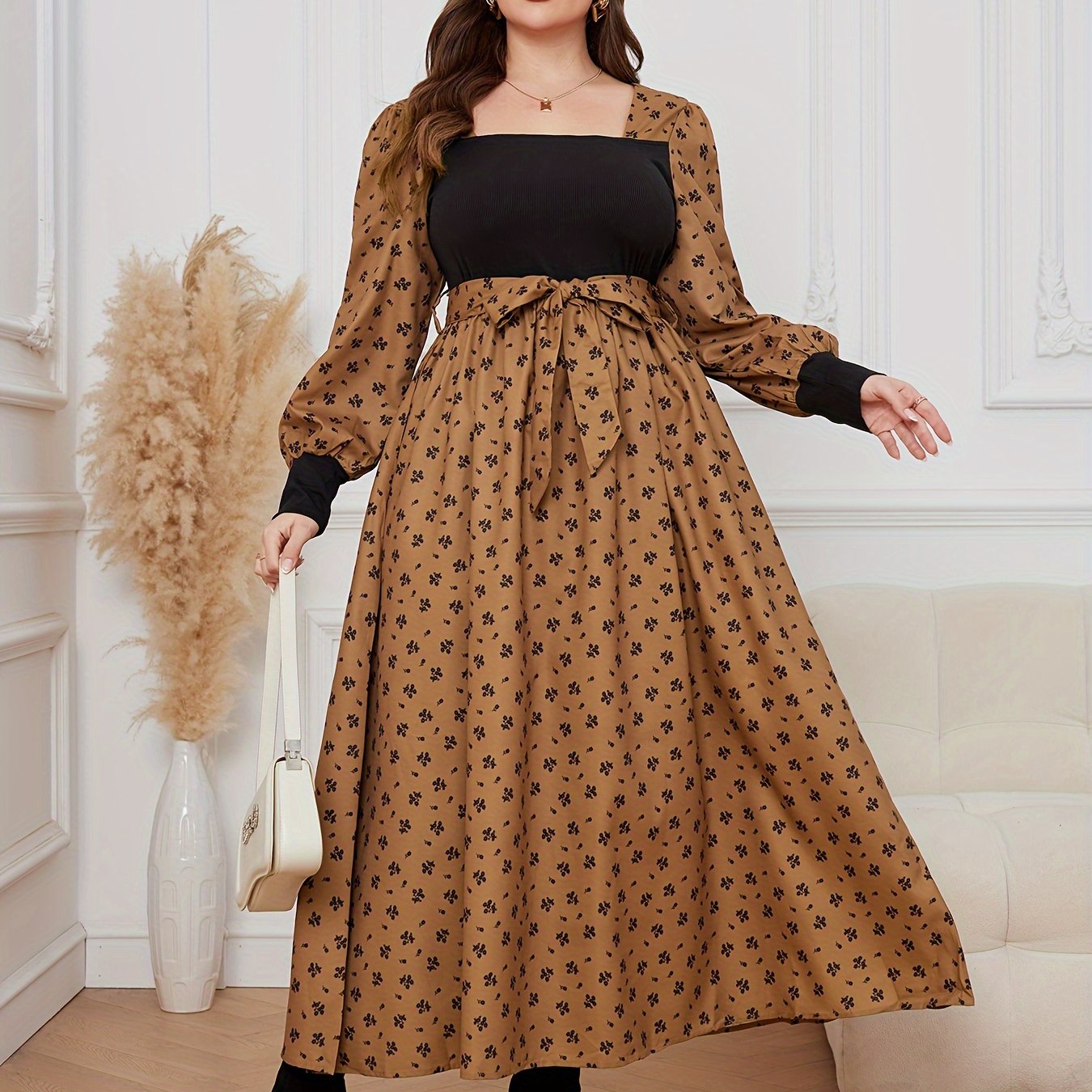 Colorblock Floral Lantern Sleeve Maxi Dress