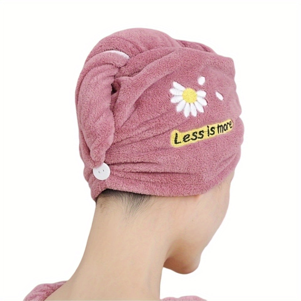 Daisy Embroidered Hair Drying Cap Coral Velvet Hair Towel