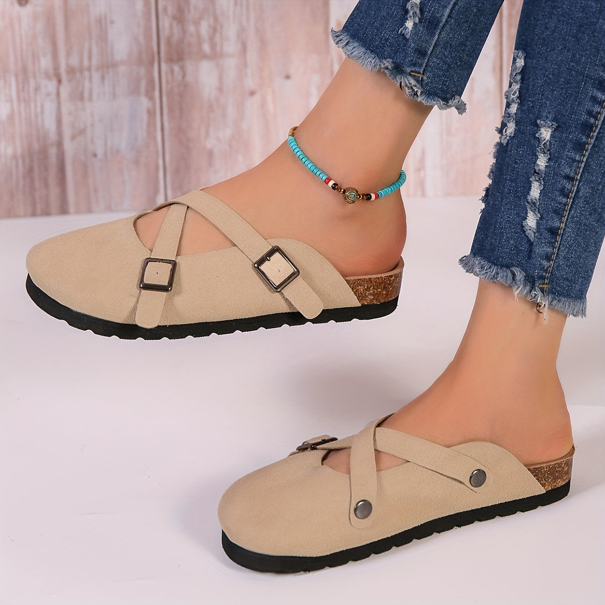 Women's Cross Buckle Strap Mules Casual Slip On Flat Shoes