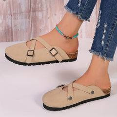 Women's Cross Buckle Strap Mules Casual Slip On Flat Shoes