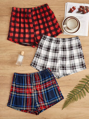 3pcs Plaid Sleep Bottoms Soft & Comfy Elastic Waistband Shorts Women's Sleepwear