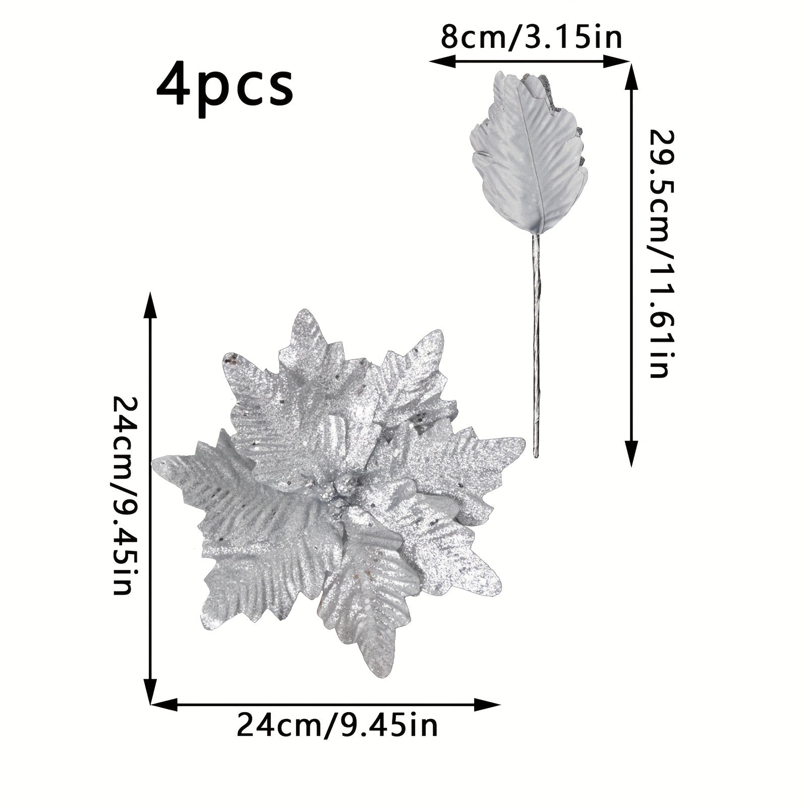 4pcs Christmas Flower Head - 24cm Artificial, Flashing Silvery Gold Brown