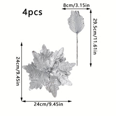 4pcs Christmas Flower Head - 24cm Artificial, Flashing Silvery Gold Brown