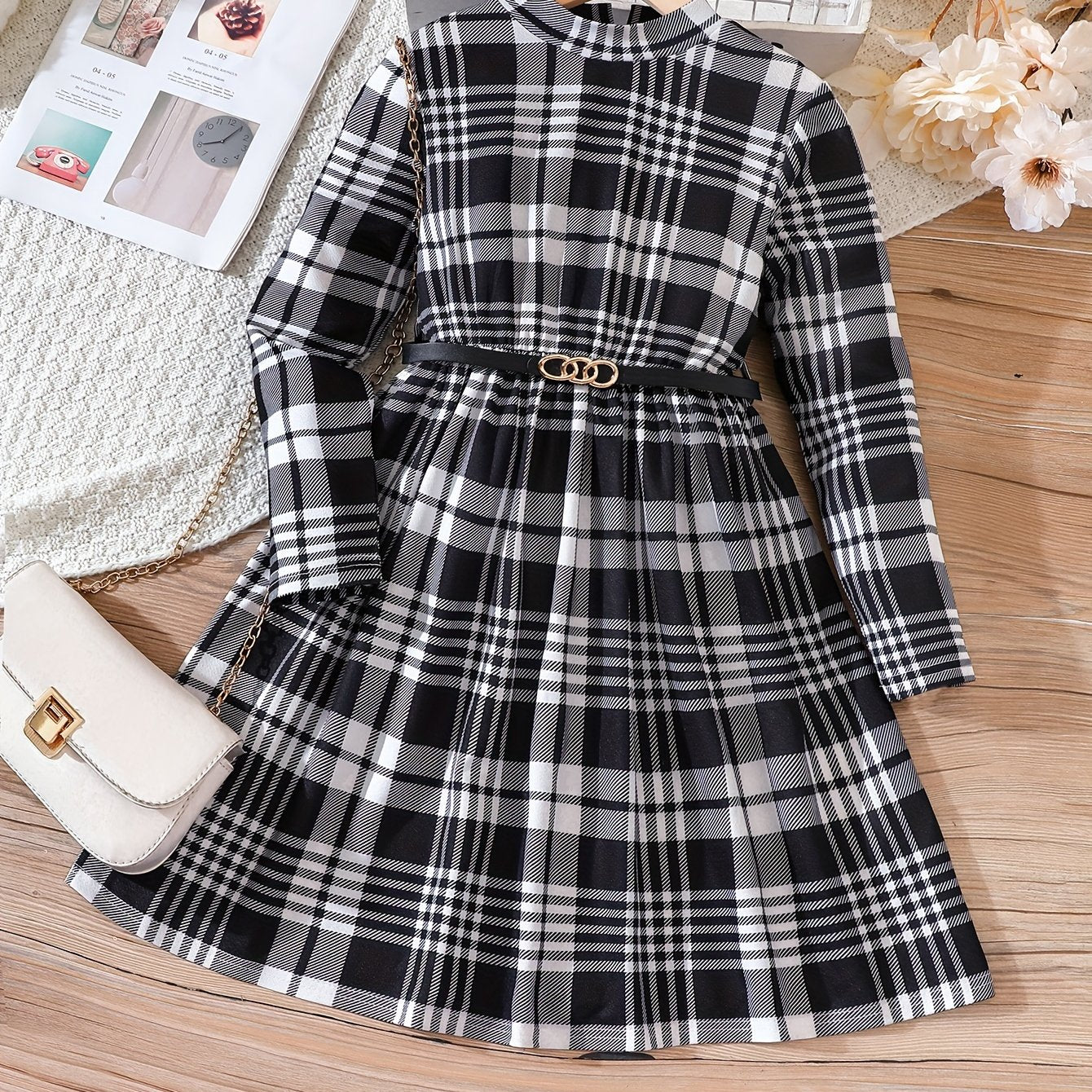 Plaid Print Long Sleeve Dress for Girls