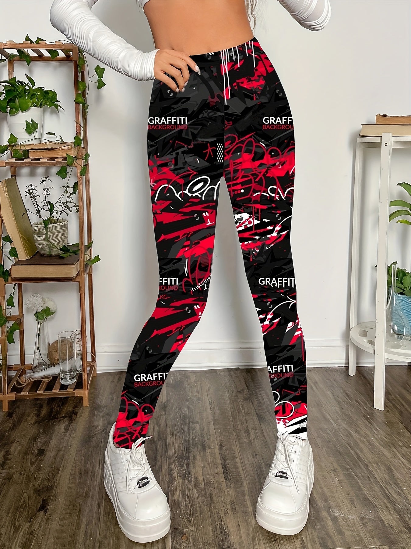 Graffiti Print Skinny Leggings Stretchy Casual Women's Clothing