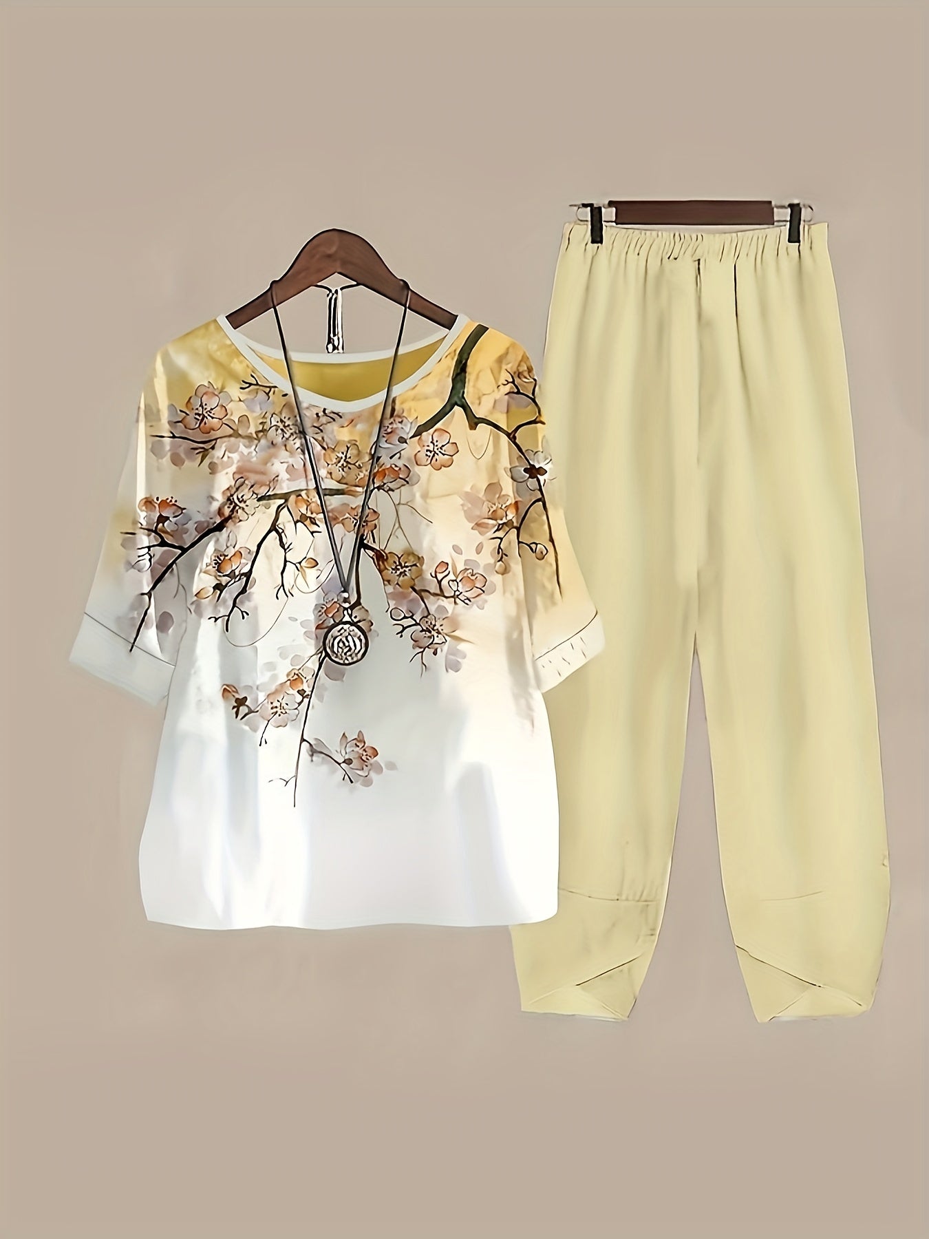 Floral Print Blouse & Elastic Waist Pants Set