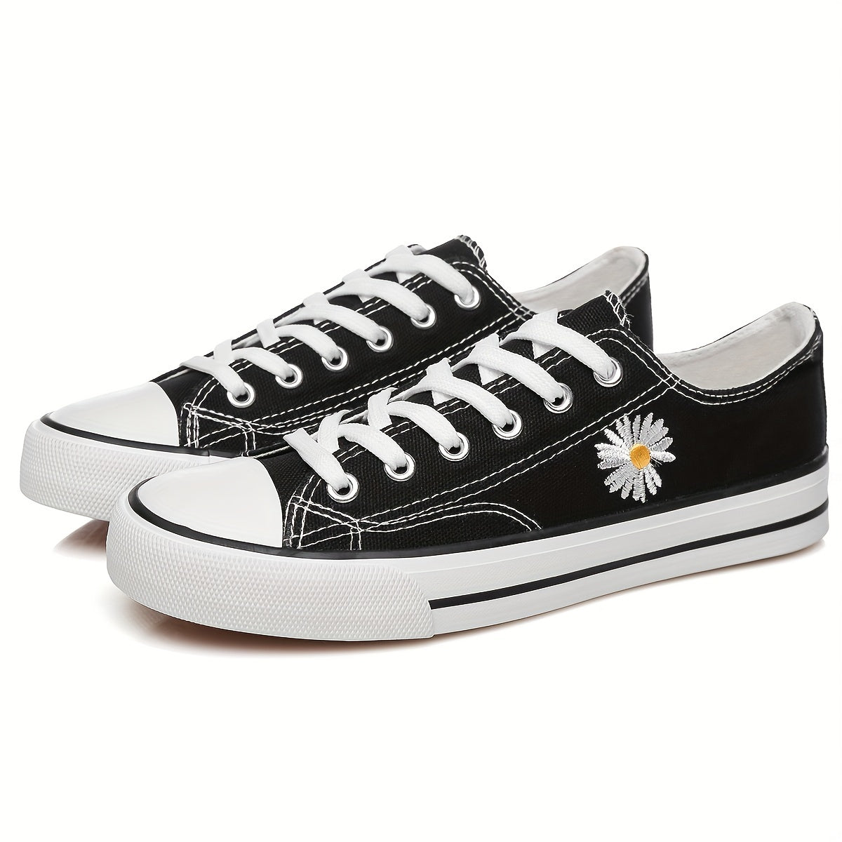 Women's Daisy Embroidered Canvas Sneakers Lace Up Flat Shoes
