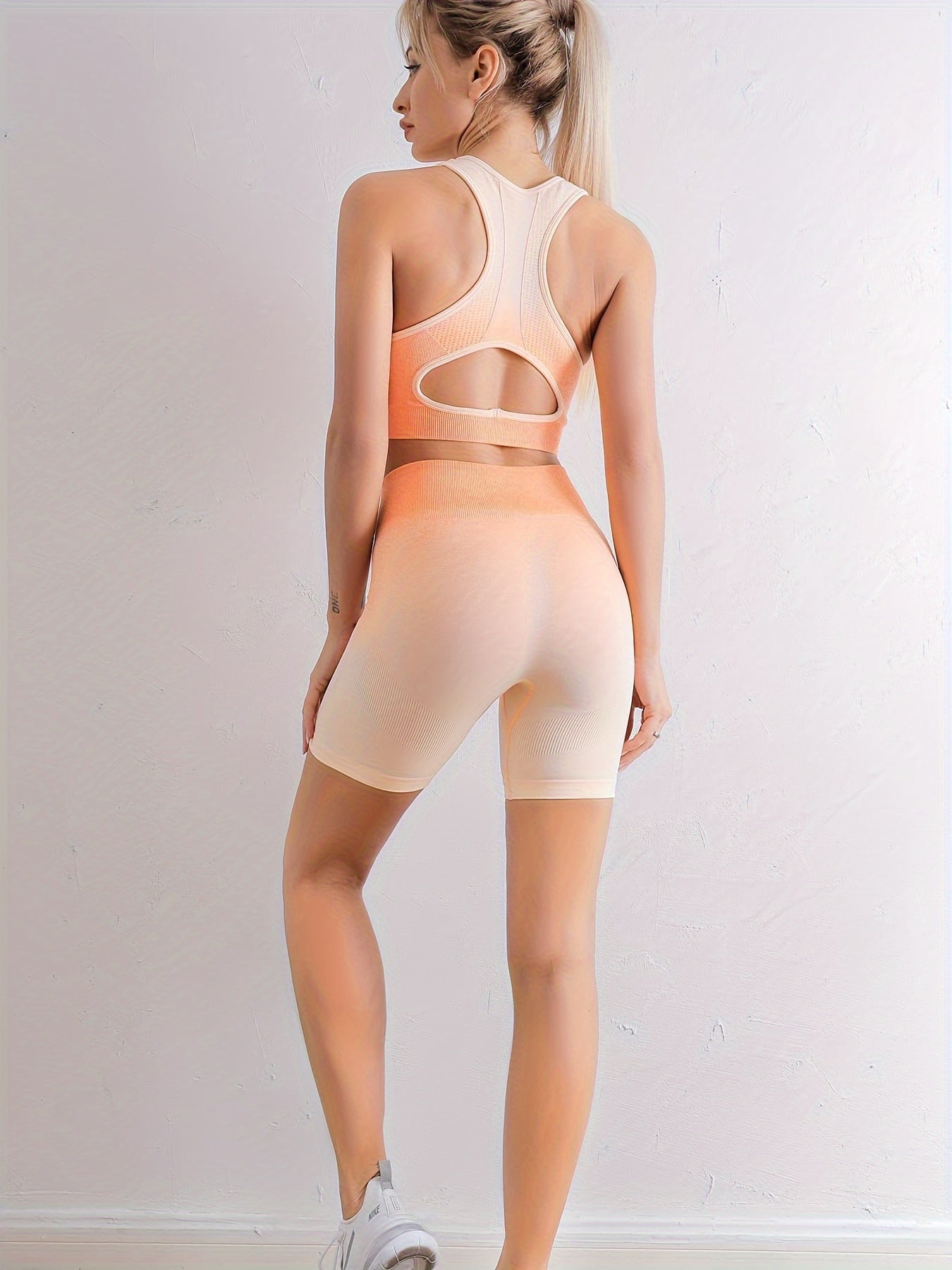 2 Pcs Gradient Yoga Clothing Suit Elastic Waist Sports Shorts Suit