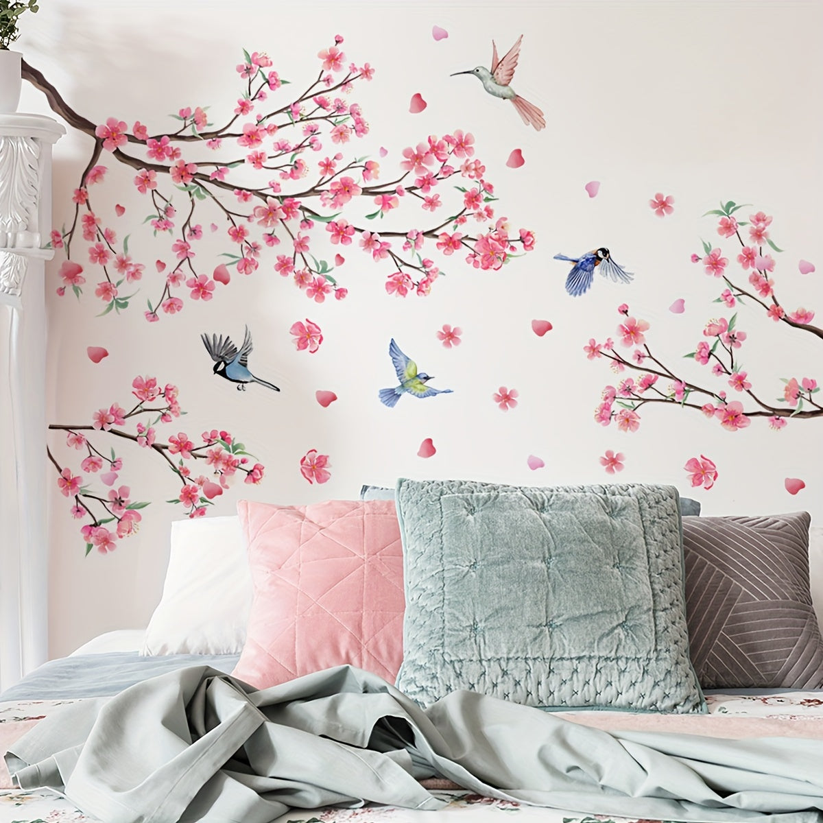 2pcs Peach Blossom Bird Wall Stickers for Living Room Bedroom