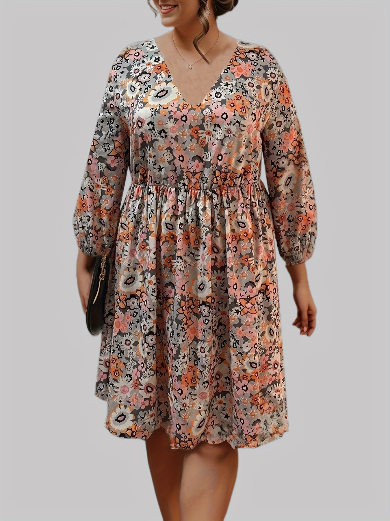 Floral Print Half Sleeve V Neck Pleated Dress