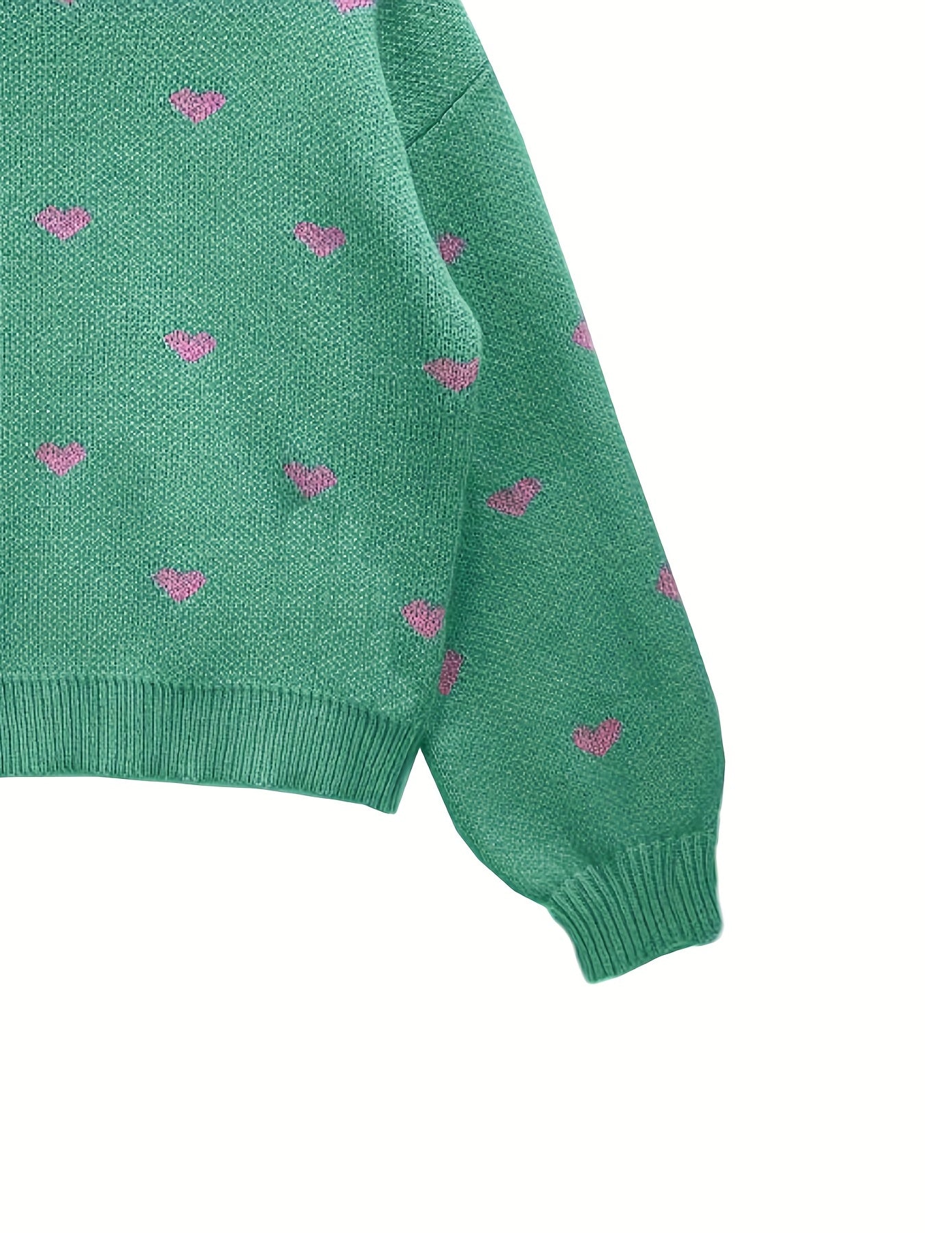 Heart Print Mock Neck Knit Sweater Casual Drop Shoulder Long Sleeve