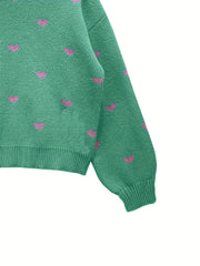 Heart Print Mock Neck Knit Sweater Casual Drop Shoulder Long Sleeve