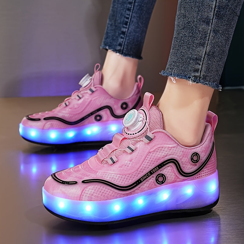 Girl's LED Roller Shoes with Rotating Buckle Detachable Wheel Skate Sneakers