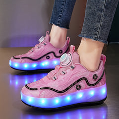 Girl's LED Roller Shoes with Rotating Buckle Detachable Wheel Skate Sneakers