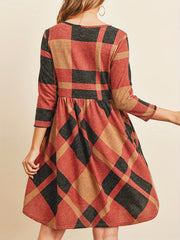 Plaid Print 3 4 Sleeve Dress Casual Vintage Crew Neck Dress Women's Clothing