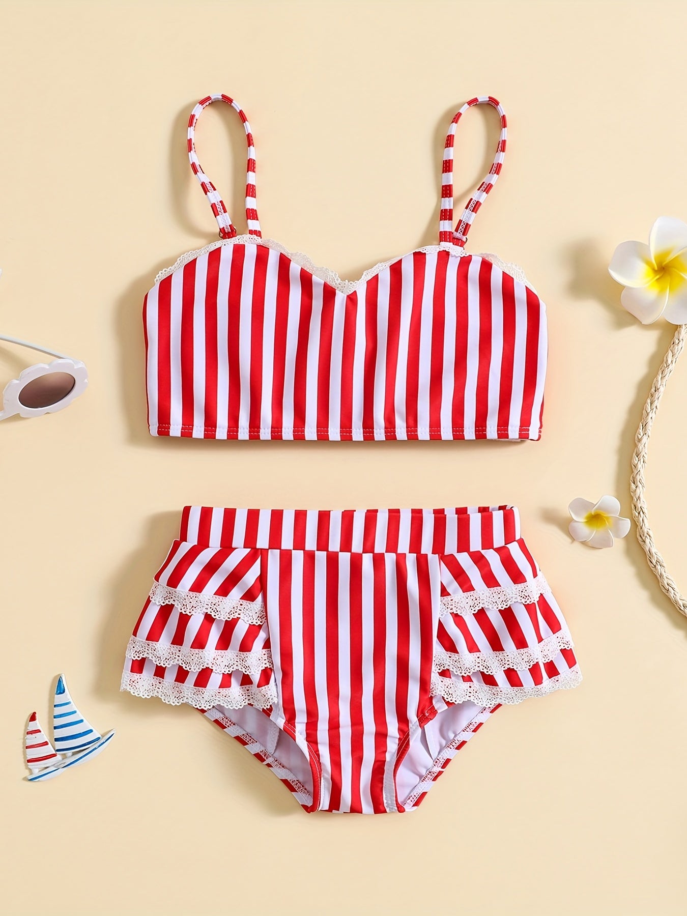 Girls Striped Cami Top & Mid Stretch Shorts Bikini Tankini Swimsuit Set