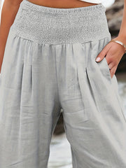 Plus Plant & Butterfly Print Shirred Waist High Rise Wide Leg Trousers