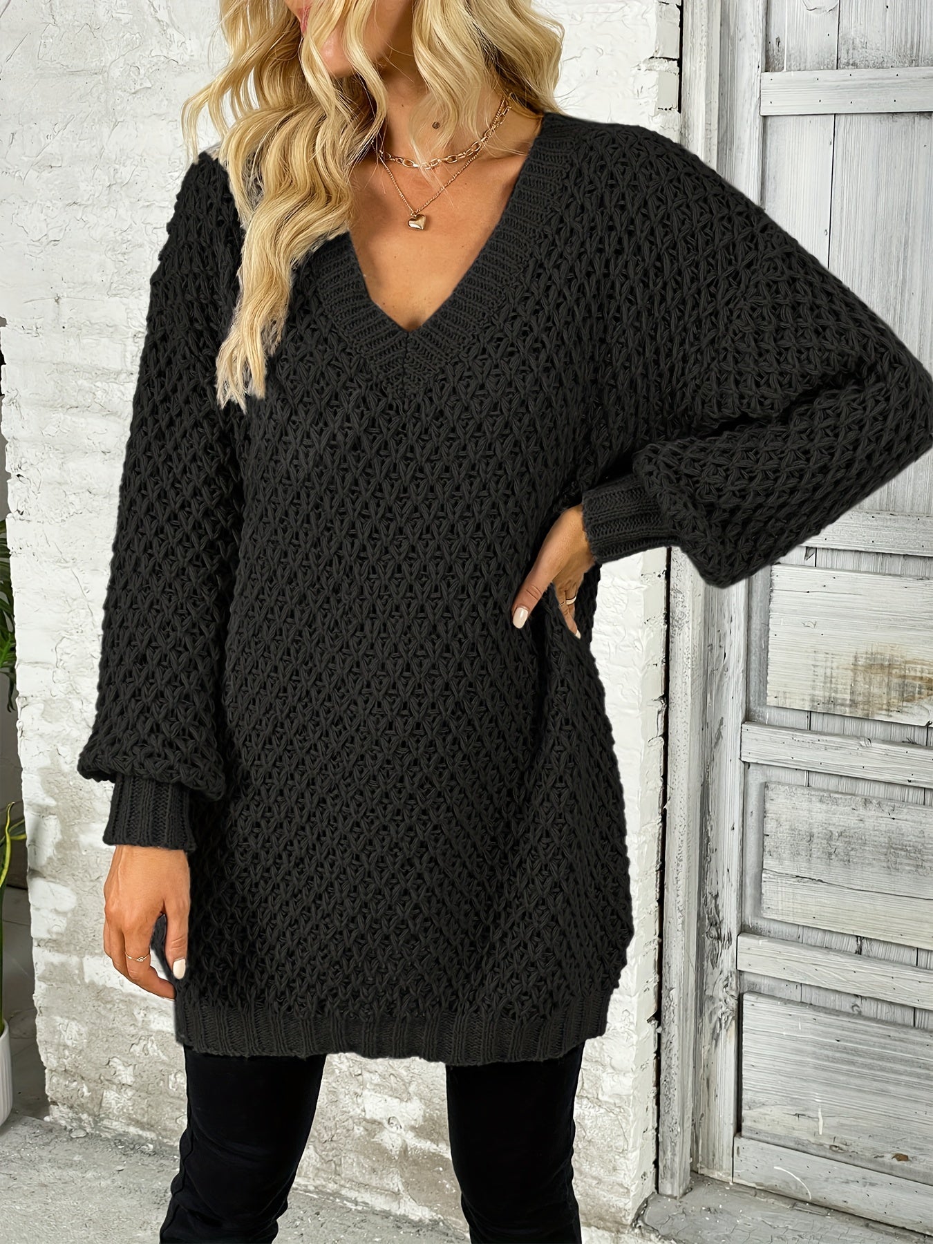Solid Knit Sweater V Neck Long Sleeve Solid Sweater Women's Clothing