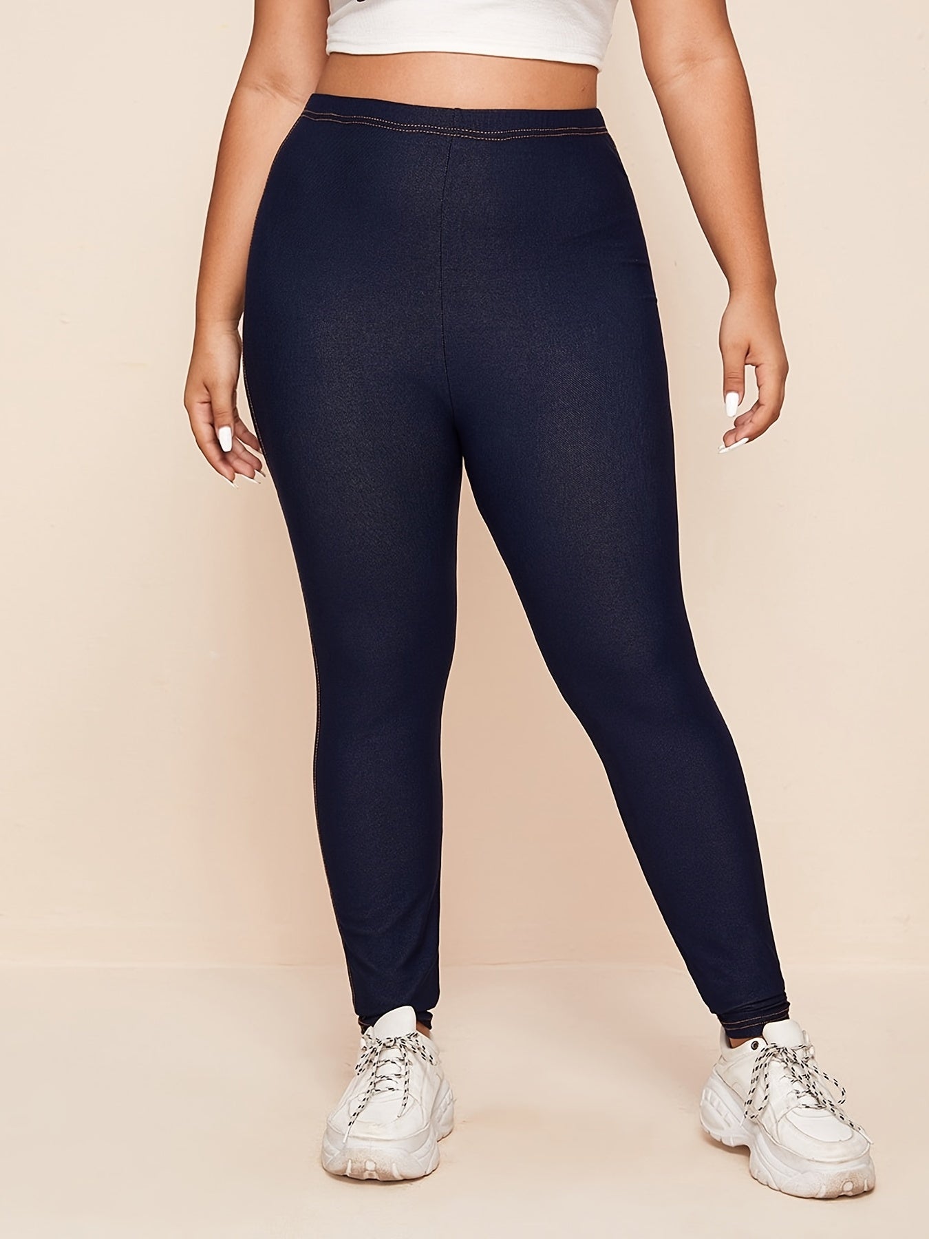 High Rise Solid Leggings Women's Plus High Stretch Skinny Pants