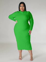 Solid Crinkle Long Sleeve High Neck Midi Dress