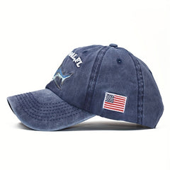 Distressed Coated Denim Baseball Hat with Big Shark Embroidery