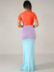 Colorblock Short Sleeve Round Neck Stretch Maxi Dress