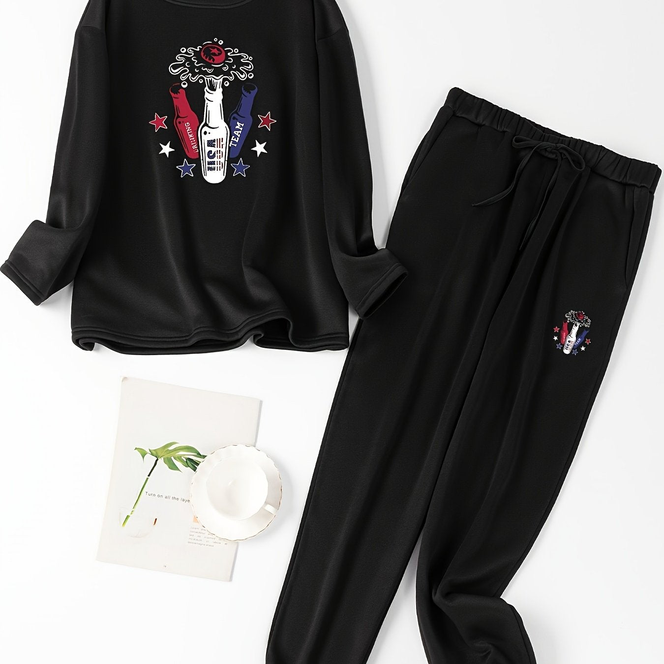Women's Plus Star & Beer Print Fleece Top & Joggers Pajamas Set