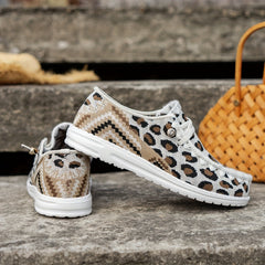 Leopard Print Lace Up Flat Boat Shoes for Women