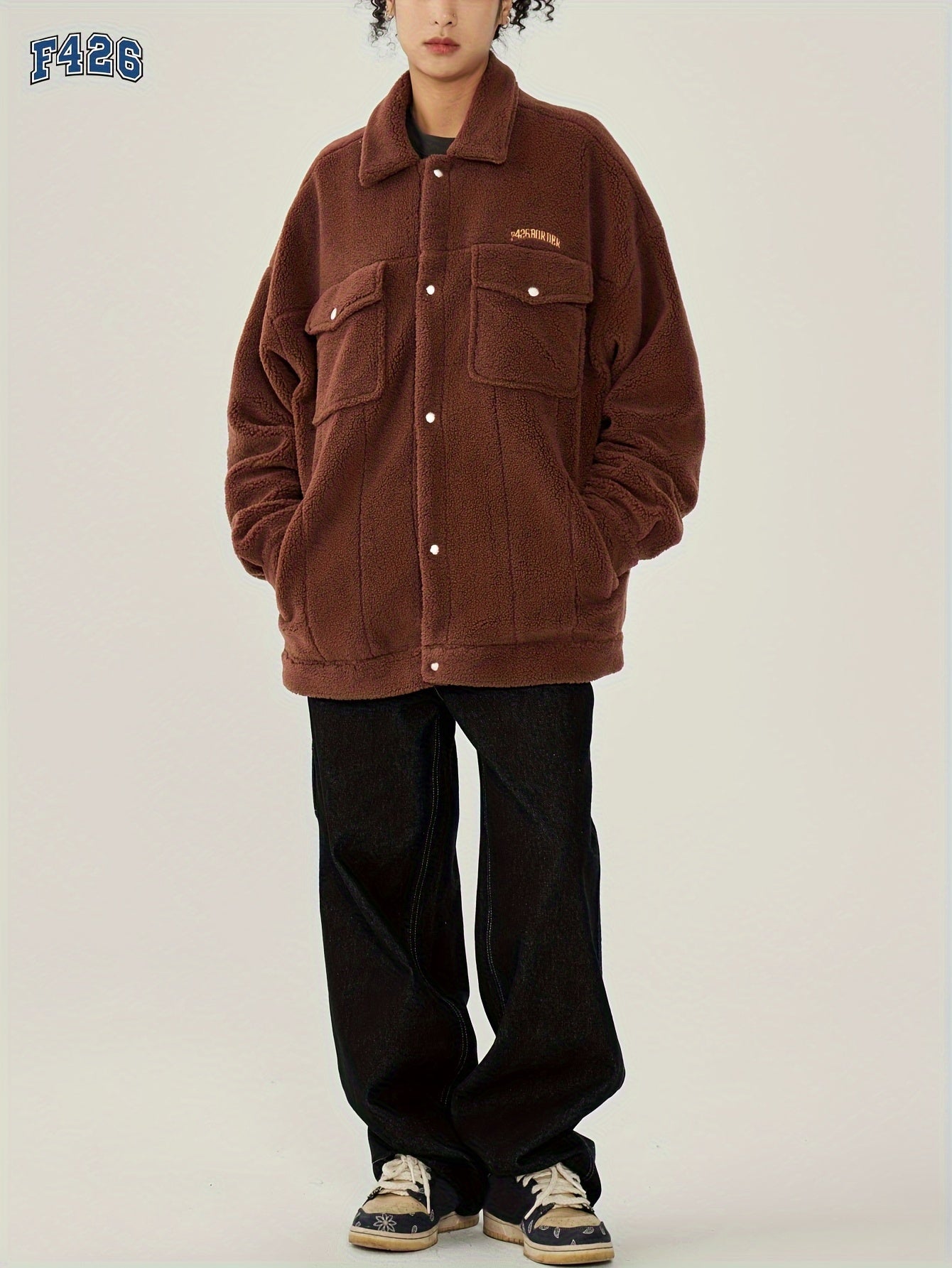 Letter Embroidery Lapel Jacket Teddy Coat for Women