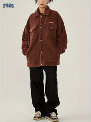 Letter Embroidery Lapel Jacket Teddy Coat for Women