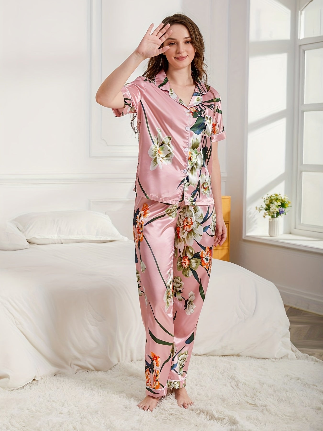 Floral Satin Pajama Set Short Sleeve Top & Pants