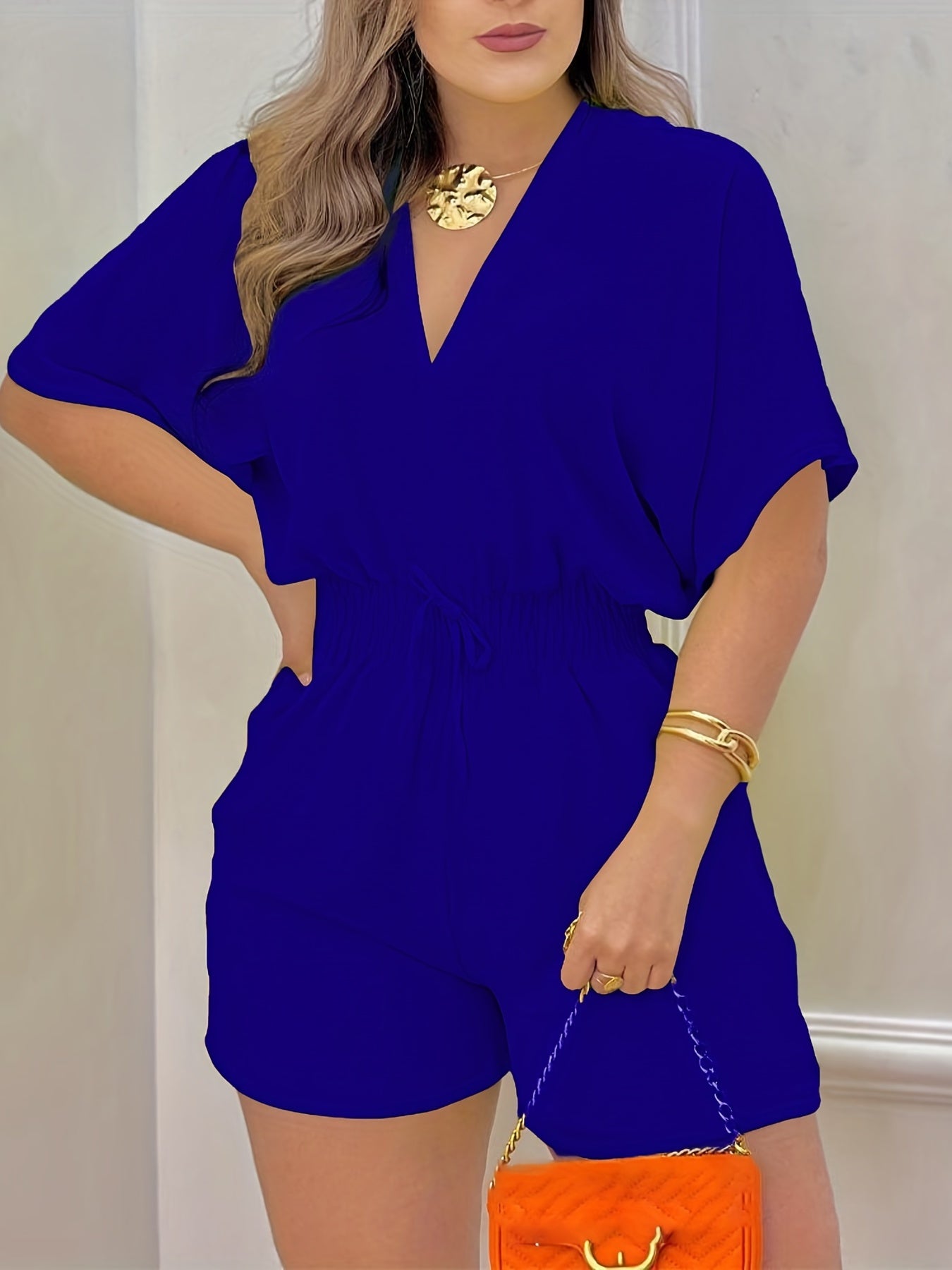 Shirred Drawstring Waist Romper Jumpsuit V neck Casual Women's Clothing