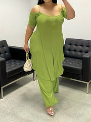 Cold Shoulder Top & Wide Leg Pants Set Plus Size 2pcs Set