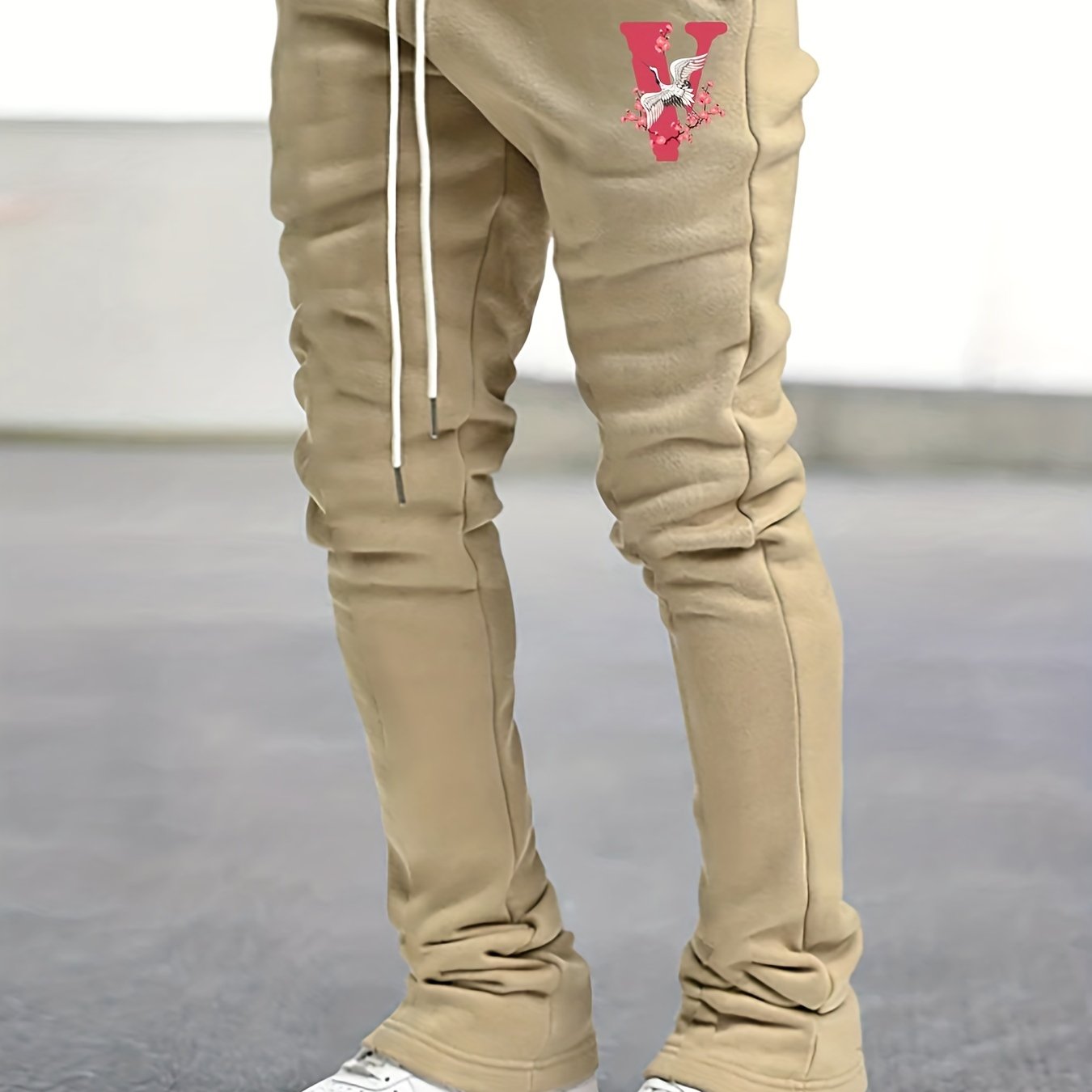 Crane & Floral Print Flared Trousers Men's Hip Hop Joggers