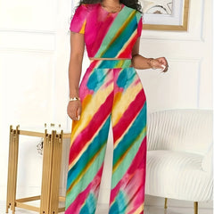 Colorful Stripe Print Crop Top & Wide Leg Pants 2 Piece Set