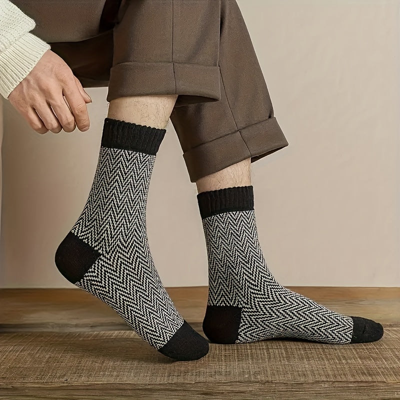 5 Pairs Men's Geometric Wave Pattern Socks Thick Warm Mid calf