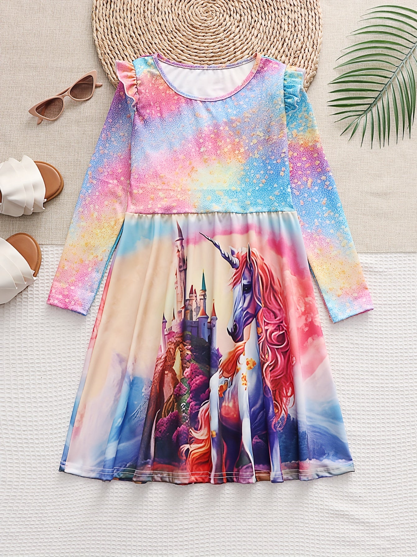 Sweet Unicorn Print Crew Neck Flutter Trim Long Sleeve Dress