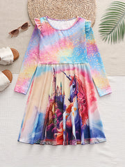 Sweet Unicorn Print Crew Neck Flutter Trim Long Sleeve Dress