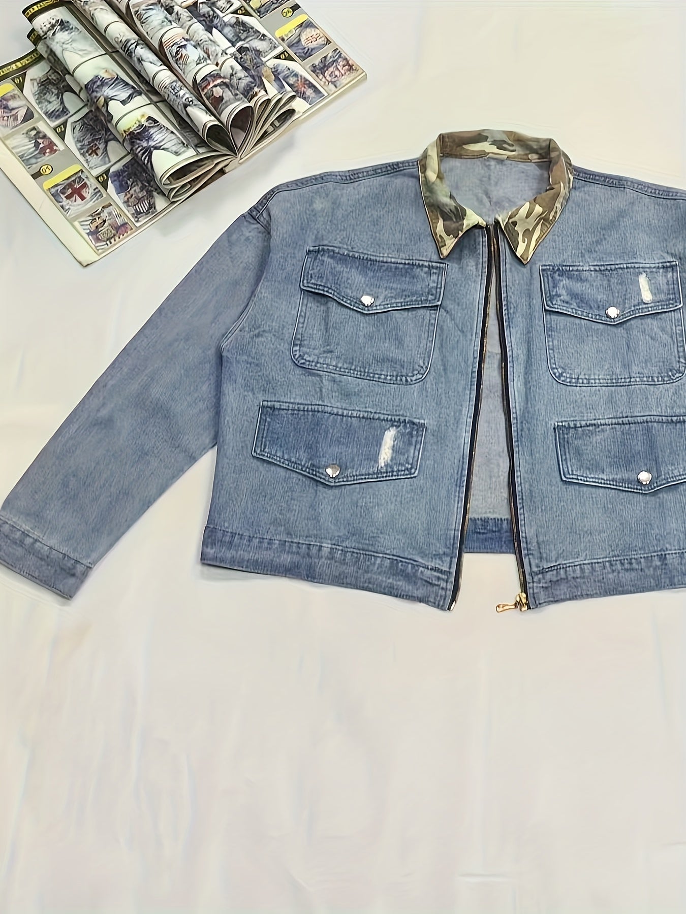 Colorblock Camo Print Denim Jacket