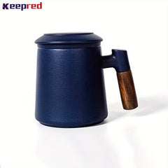 Ceramic Coffee Mug with Stainless Steel Filter and Wood Handle