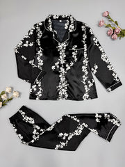 Floral Print Satin Pajama Set Contrast Trim Long Sleeve Button Up Top & Pants
